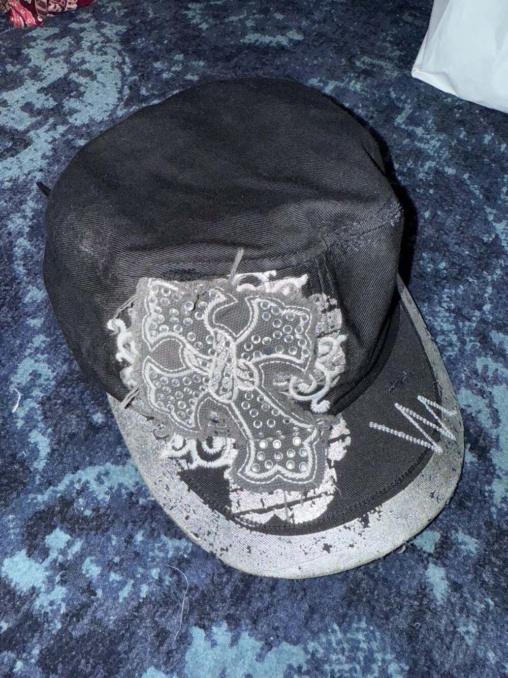 BKE Cap Black Embellished Rhinestone Cross Distressed Y2K